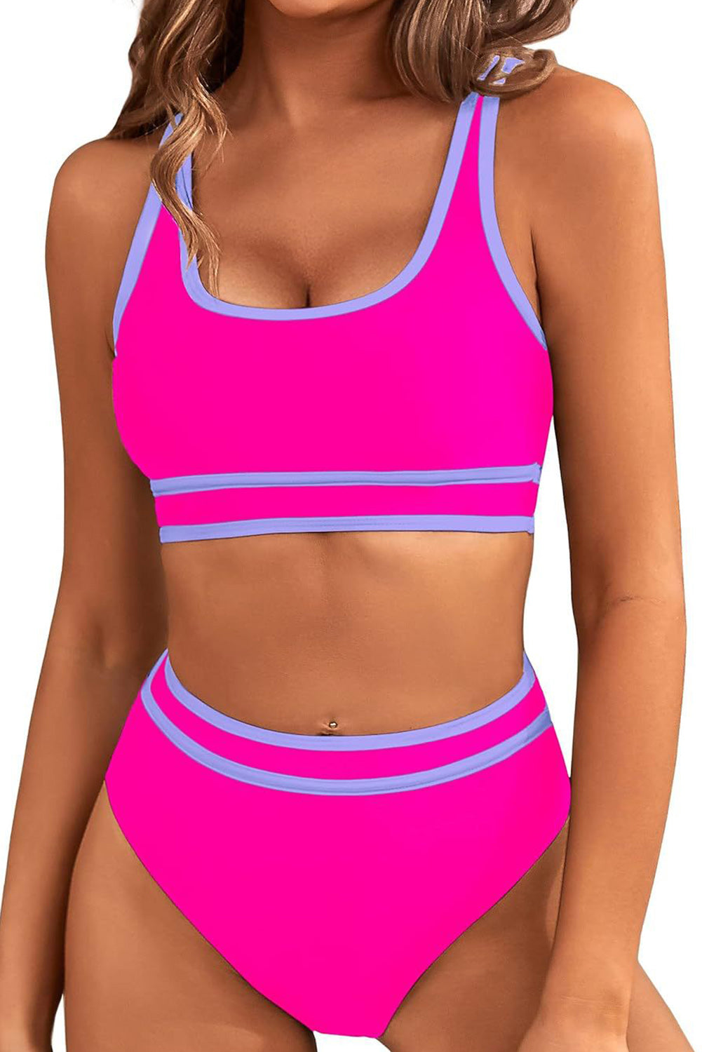 Pink Contrast Trimmed U Neck Bikini