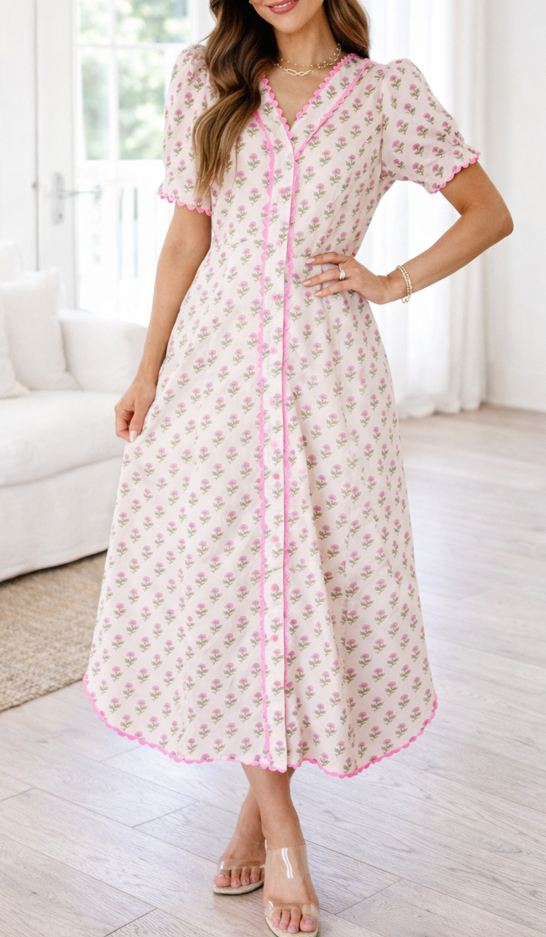 Pink Floral Scallop Trim Long Dress