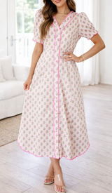 Pink Floral Scallop Trim Long Dress