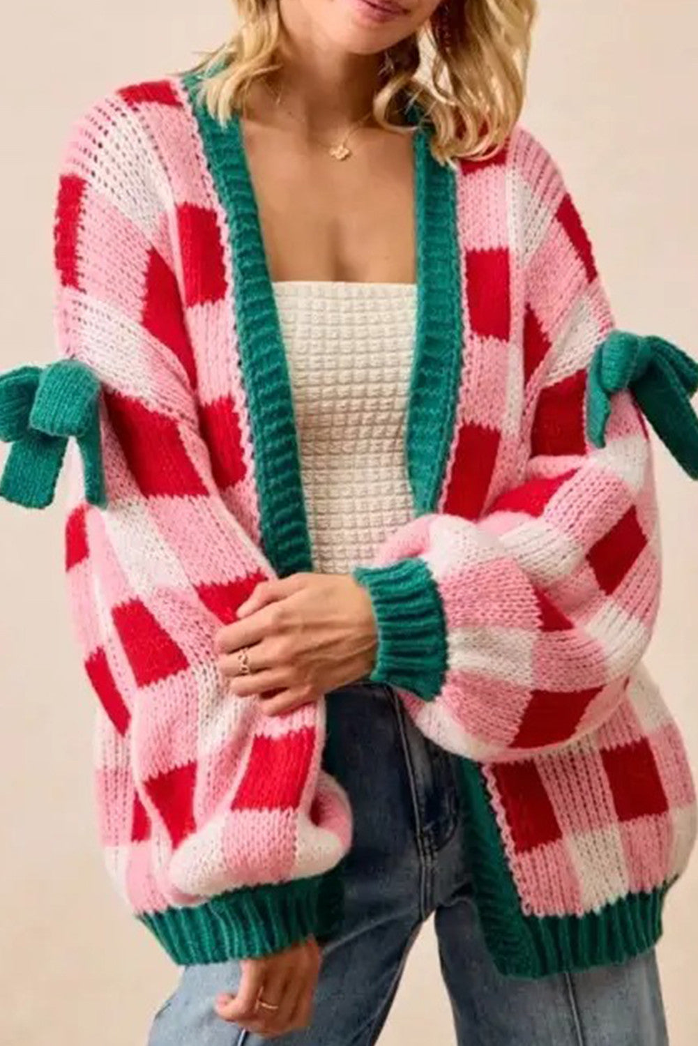Pink Plaid Bowknot Cardigan