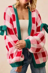 Pink Plaid Bowknot Cardigan