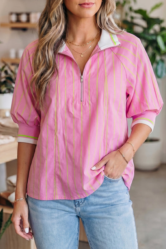 Pink Stripe Zipper Cuff Blouse