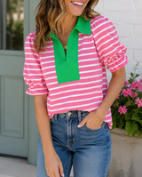 Pink Stripe Puff Polo Blouse