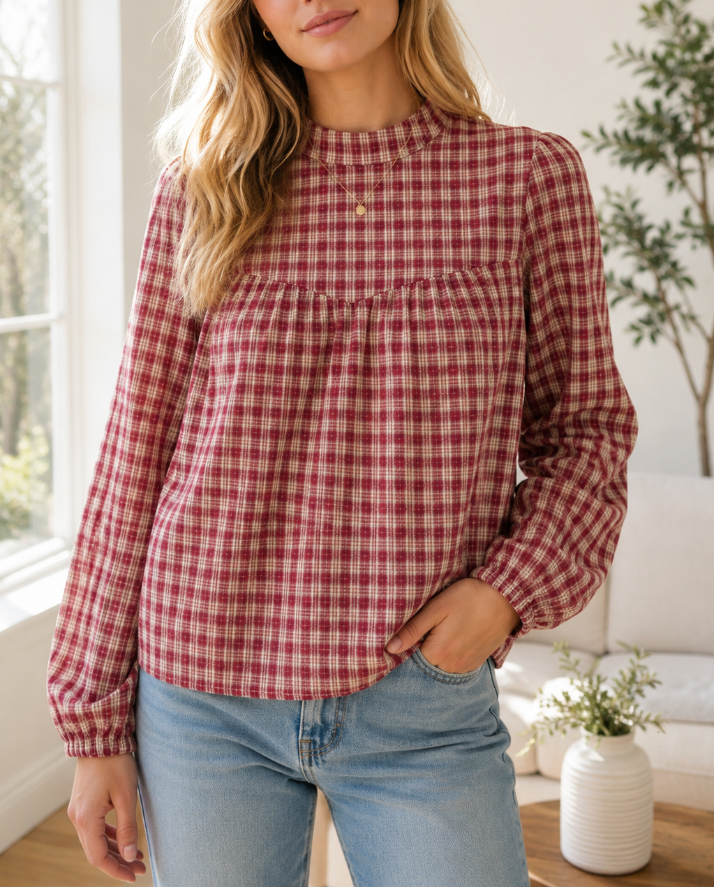 Plaid Keyhole Pleated Blouse RTS