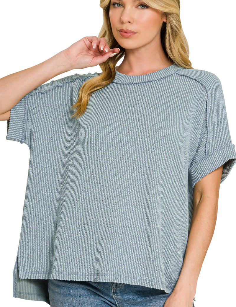 Raised-Rib Cuff Sleeve Top Zenana RTS