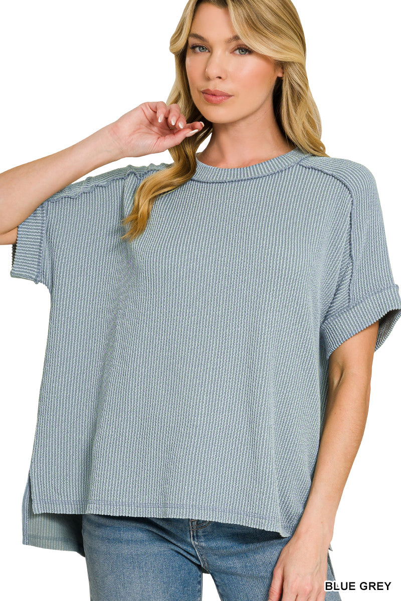 Raised-Rib Cuff Sleeve Top Zenana RTS
