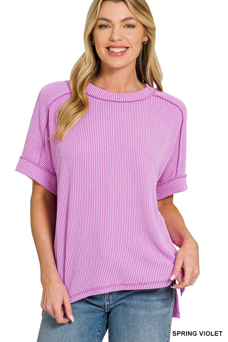 Raised-Rib Cuff Sleeve Top Zenana RTS