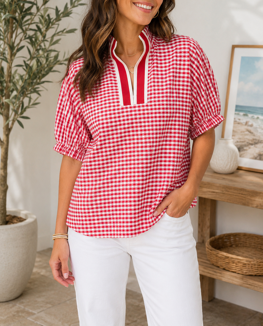 Plaid Trim Blouse *multiple colors*