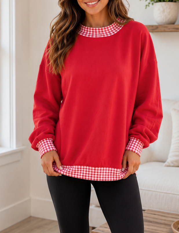 Red Plaid Trim Oversized Sweatshirt