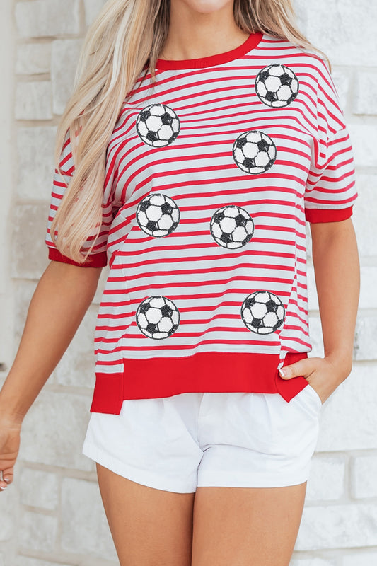 Red Stripe Sequin Soccer Shirt New RTS