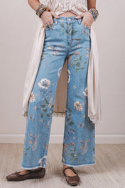 Retro Floral Frayed Hem Jeans