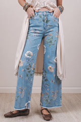 Retro Floral Frayed Hem Jeans