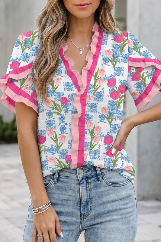 Rose Floral Ruffle Blouse