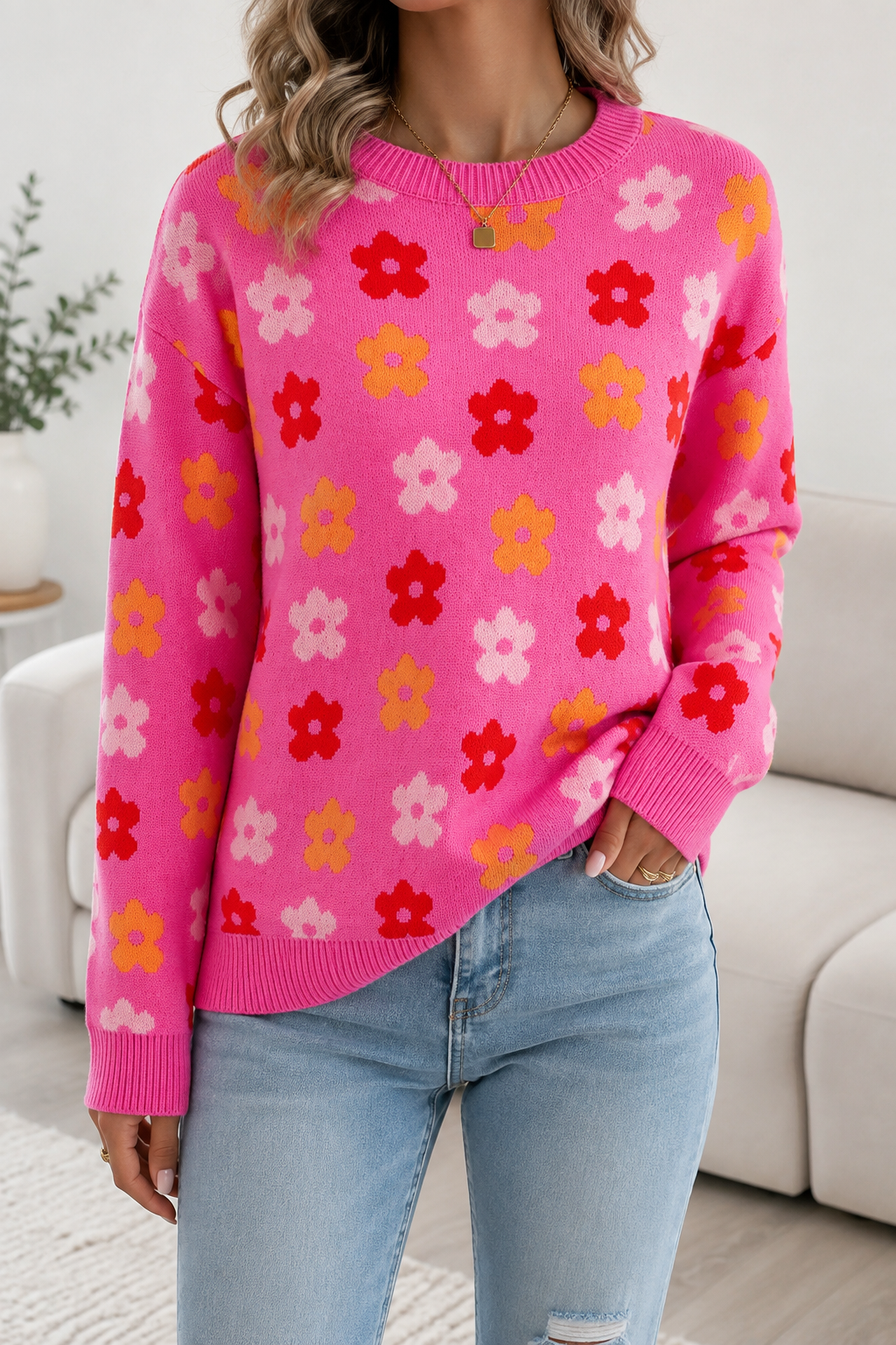 Rose Flower Ribbed Sweater