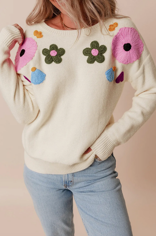 BEIGE KNITTED FLORAL SWEATER