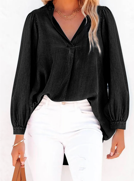 BLACK V-NECK DENIM TOP-OOTD