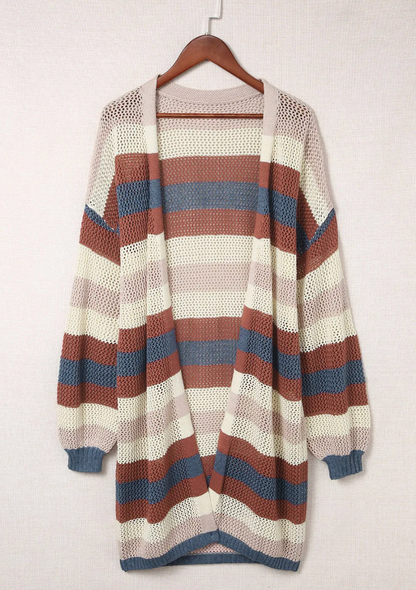BLUE STRIPED HOLLOW KNIT CARDIGAN OOTD
