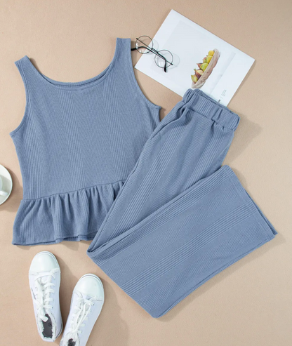 BLUE RIBBED TANK & PANTS SET OOTD