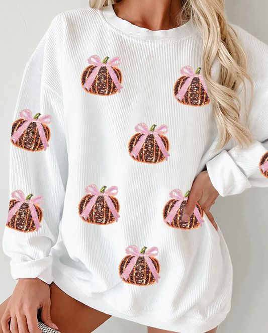 WHITE SEQUIN BOW PUMPKIN RIBBED SWEATSHIRT New RTS