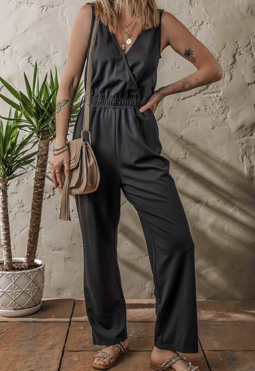 Black Wrap V Neck Sleeveless High Waist Jumpsuit OOTD