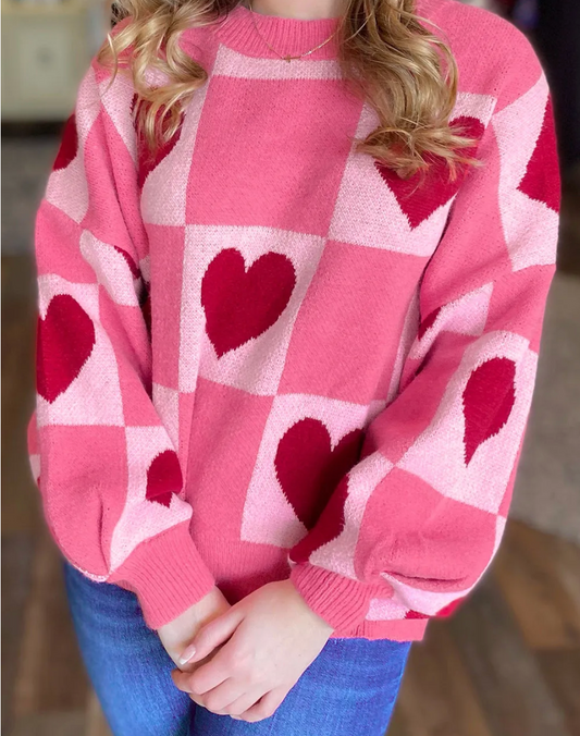Pink Love Heart Checkered Sweater OOTD