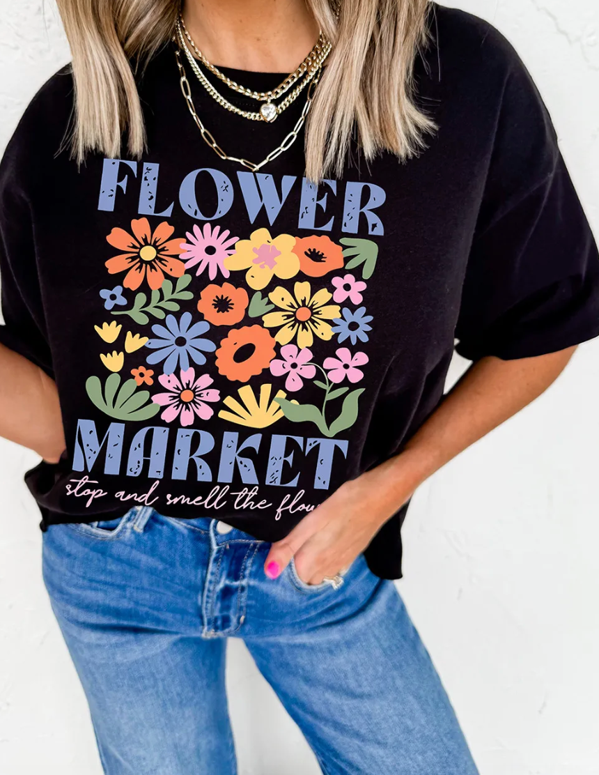 Black Flower Market Graphic Tee New RTS