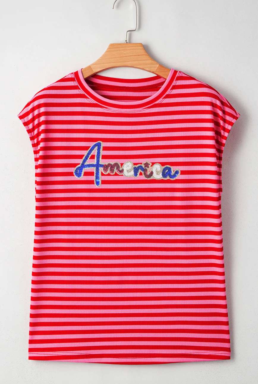 Red Stripe Sequin America Patched Top New RTS