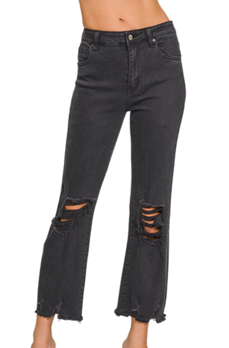 Acid Washed High Waist Distressed Straight Pants Zenana RTS