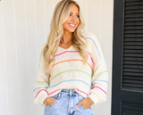 White Colorful Stripe Baggy Sweater