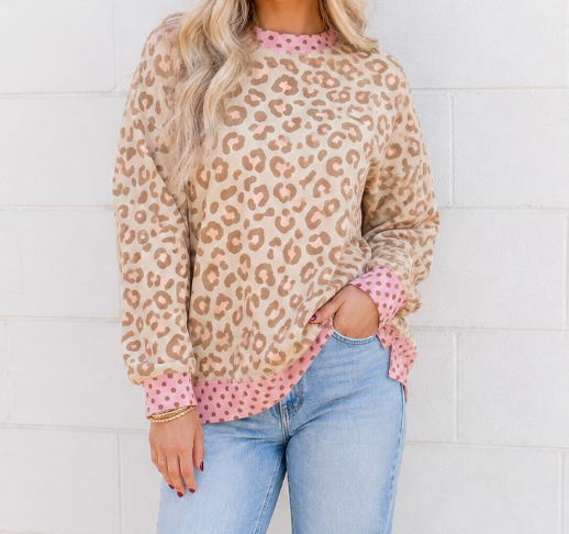 Polka Dot Trim Leopard Sweatshirt Full Run RTS