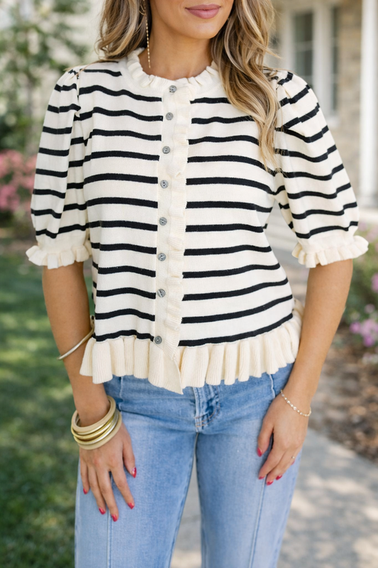 Stripe Ruffle Trim Cardigan New RTS