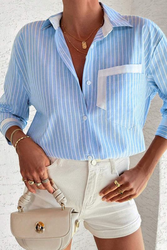 Blue Stripe Patch Pocket Casual Shirt