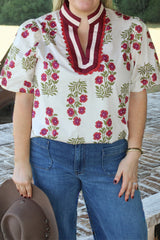 White Floral Ricrac Plus Trim Blouse