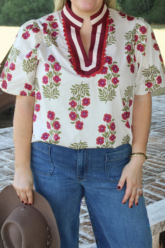 White Floral Ricrac Plus Trim Blouse