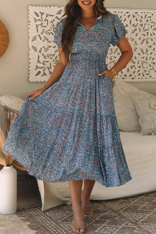 Blue Printed V Neck Maxi Dress