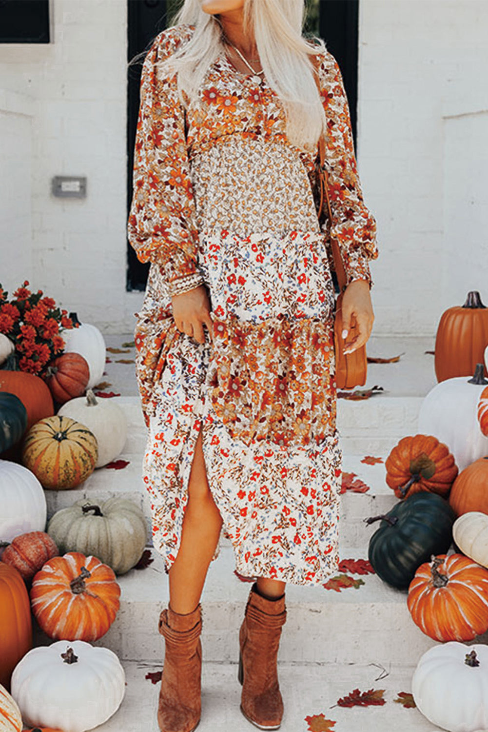 Khaki Floral Ruffled Midi