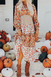 Khaki Floral Ruffled Midi
