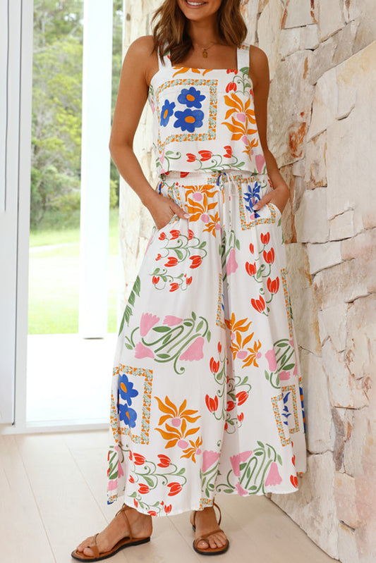 White Square Neck Tank and Pants Set