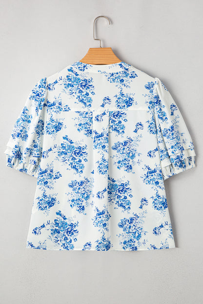 Blue Floral Pleated Blouse