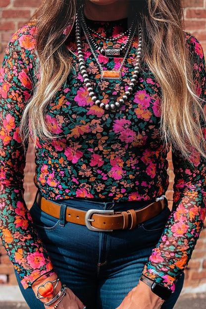 Plus Rose Floral Print Mesh Top NEW RTS