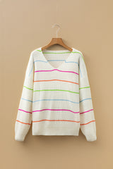 White Colorful Stripe Baggy Sweater