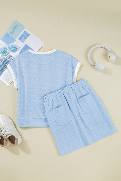 Blue Contrast Textured Skirt Set RTS