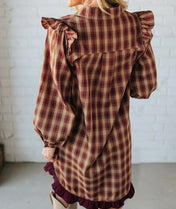 Burgundy Plaid Ruffled Mini Dress