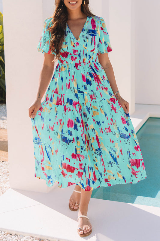 Blue Abstract Puff Sleeve Dress FB