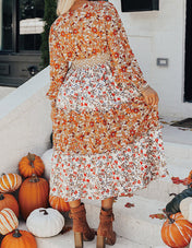 Khaki Floral Ruffled Midi