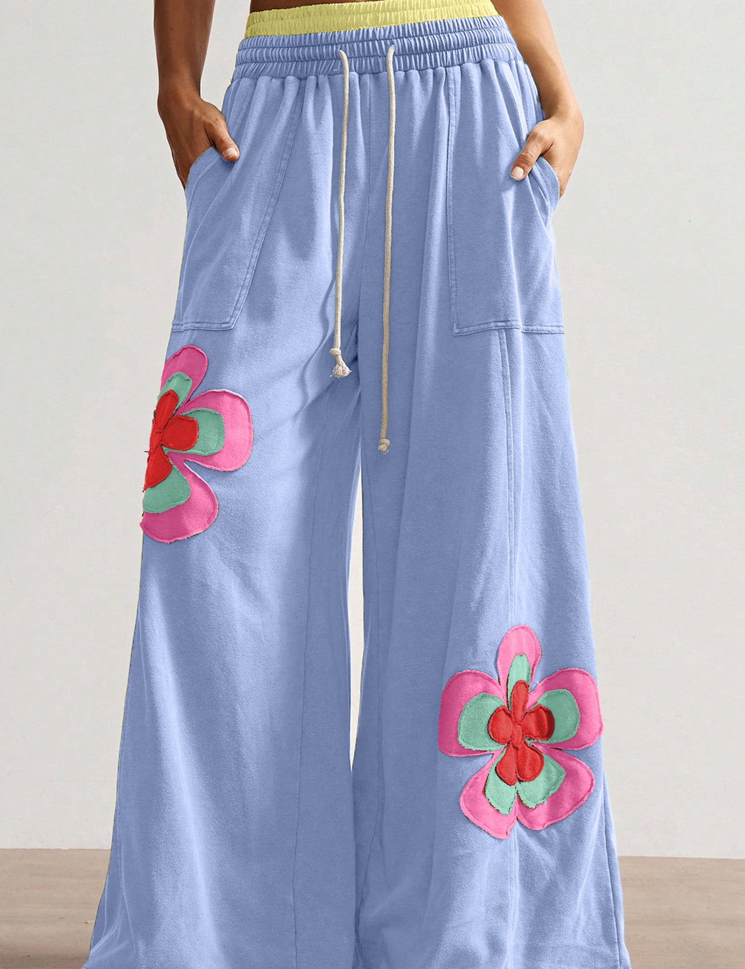 Colorblock Flower Patchwork Elastic Pants