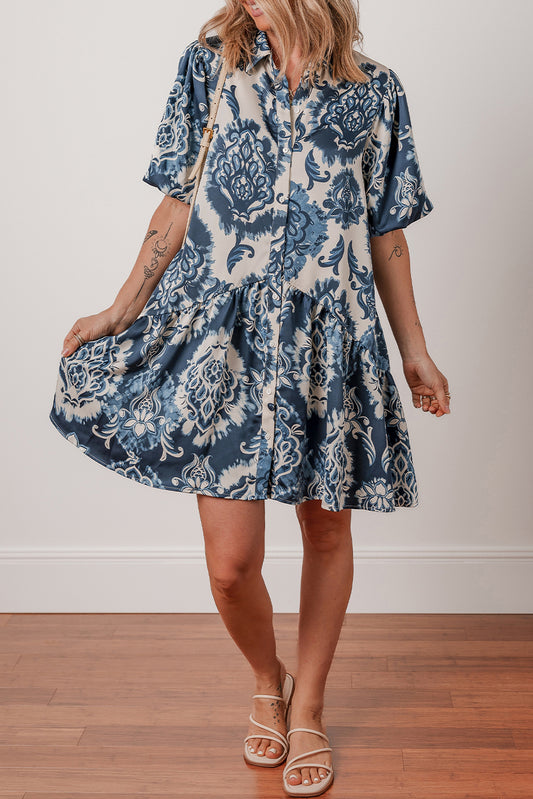 Blue Boho Floral Mini Dress RTS
