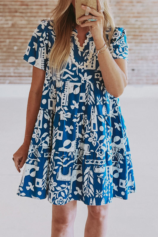 Blue Ricrac Trim Split Neck Loose Dress