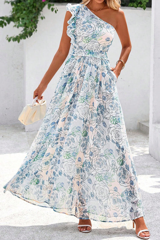 Blue Floral One Shoulder Maxi