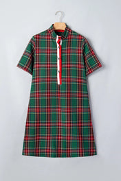 Green Plaid Button Short Sleeve Dress